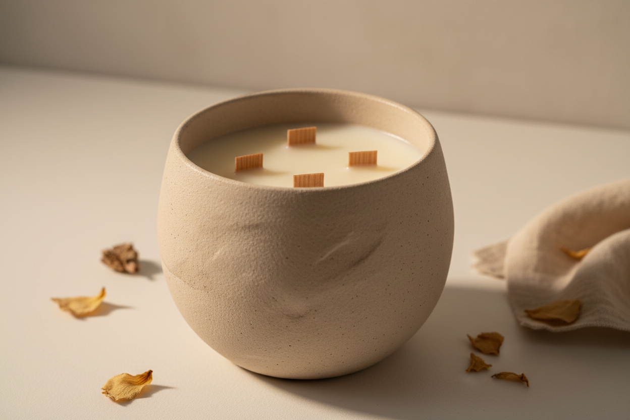 Chandelles avec 3 mèches de bois dans un pot en poterie beige